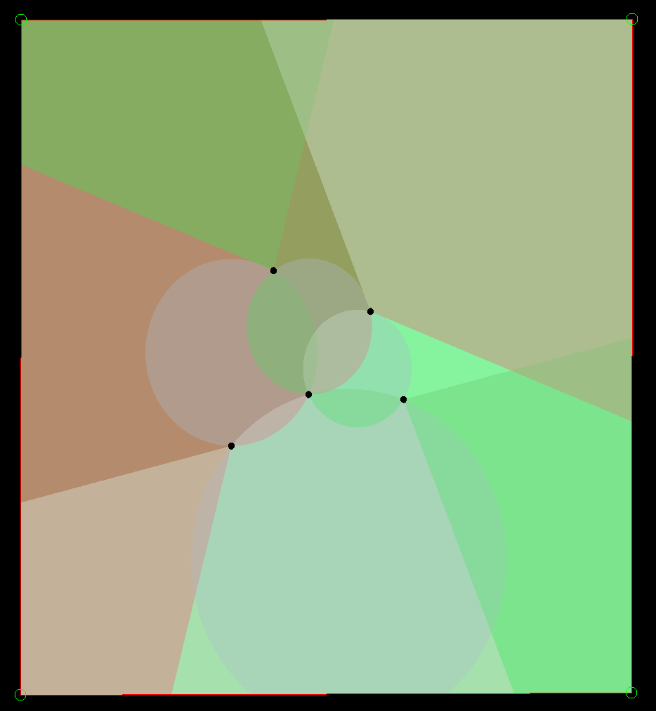 A screenshot of a square with five color points inside it. Regions within the square are colored demonstrating which points should influence the points within that region's color. Once these are shaded per-pixel, it will be natural neighbor interpolation.