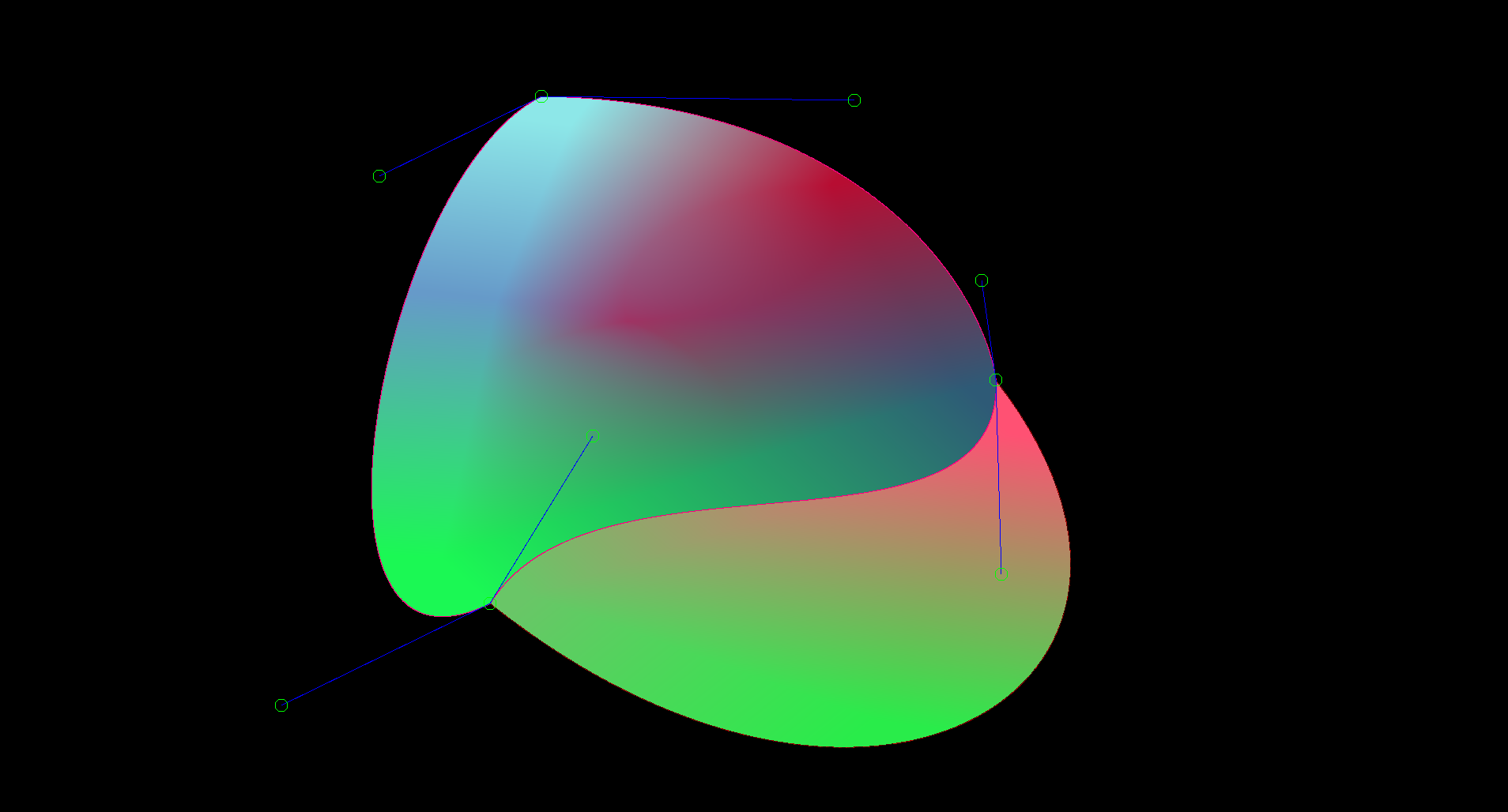 A screenshot displaying successful natural neighbor interpolation inside of two shapes made of bezier curves, which share one bezier curve.