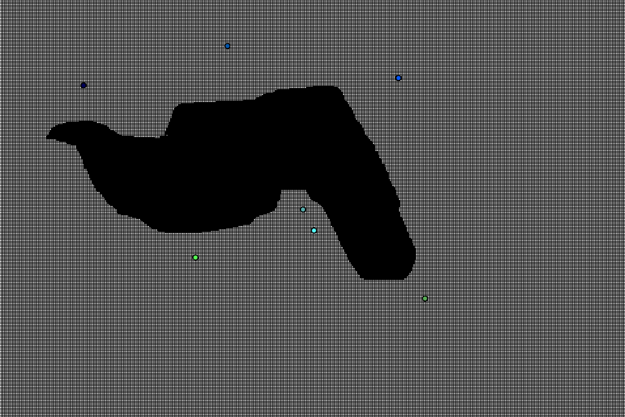 A screenshot of a Processing program that was used to work on point snapping to regions and voronoi relaxation. Several points are outside of a drawn black object.