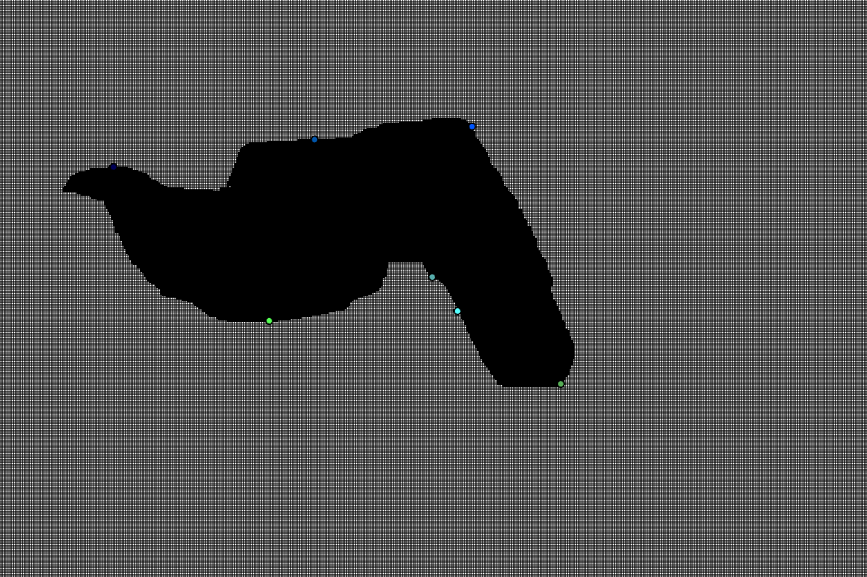 A screenshot of a Processing program that was used to work on point snapping to regions and voronoi relaxation. The points have been snapped to the edges of the drawn black object.